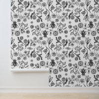   Honey Bees & Flowers Boho Modern Black and White