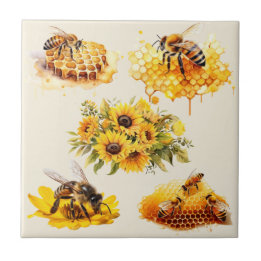 HONEY BEES FLOWERS HONEYCOMB | Ceramic Tile