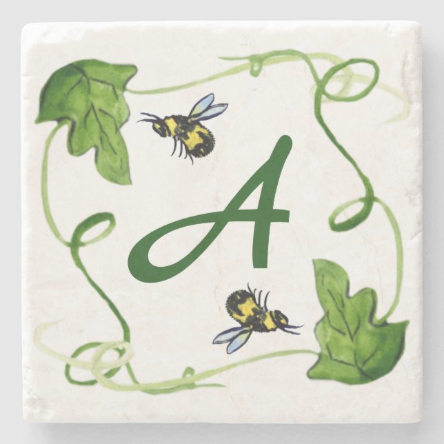 Honey Bees Green Leaf Custom Monogram Stone Coaster (Front)