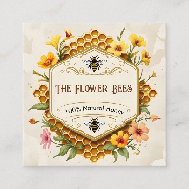 Honey bees honeycomb beekeeper apiary yellow pink square business card (Front)