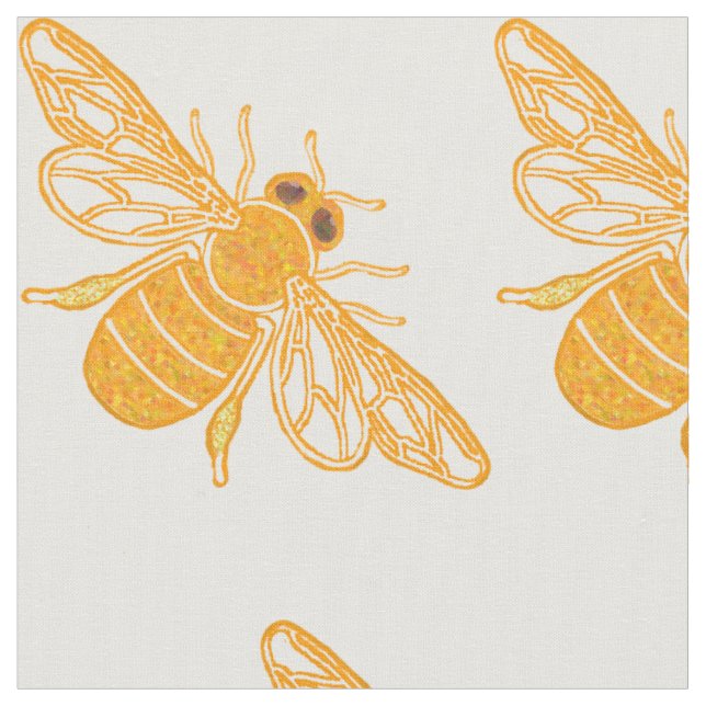 Honey bees in repeat pattern on white fabric (Close Up)
