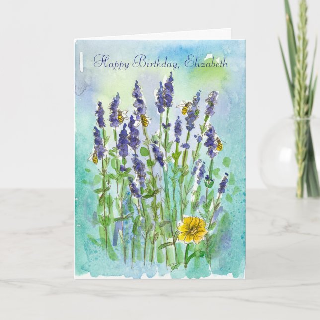 Honey Bees Lavender Personalised Happy Birthday Card (Front)