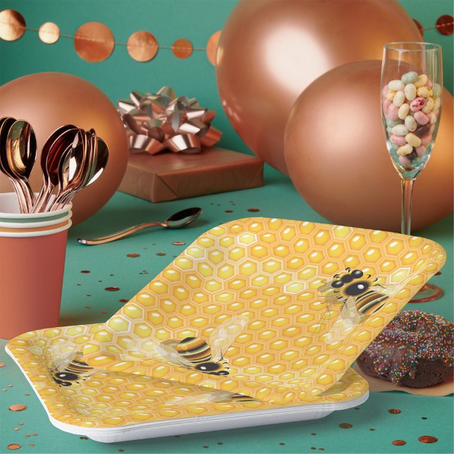 Honey Bees on Bright Honeycomb Pattern  Paper Plate (Creator Uploaded)