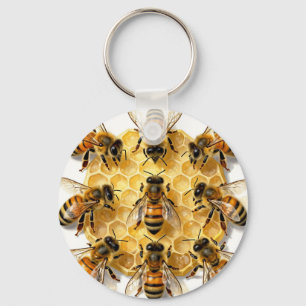 Honey Bees on Hexagonal Honeycomb Circle Key Ring