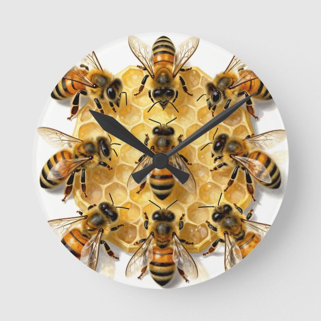 Honey Bees on Hexagonal Honeycomb Circle Round Clock (Front)