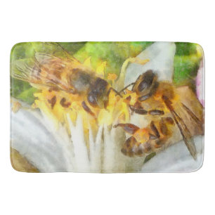 Honey Bees On Lemon Blossom Watercolor Art Bath Mat