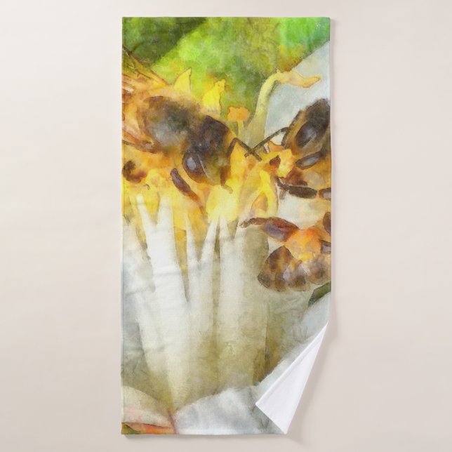 Honey Bees On Lemon Blossom Watercolor Art Bath Towel (Bath Towel)
