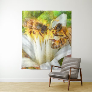 Honey Bees On Lemon Blossom Watercolor Art Tapestry