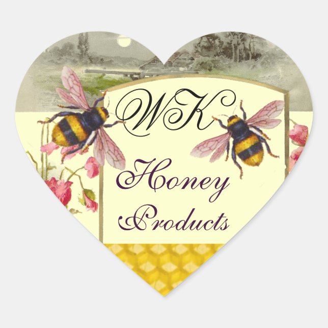 HONEY BEES ,RED POPPIES BEEKEEPER HEART MONOGRAM HEART STICKER (Front)