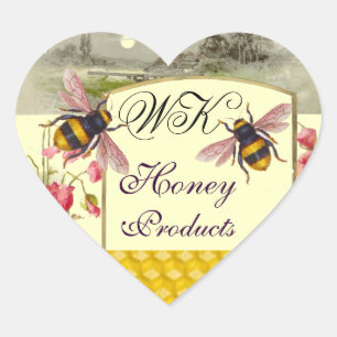 HONEY BEES ,RED POPPIES BEEKEEPER HEART MONOGRAM HEART STICKER