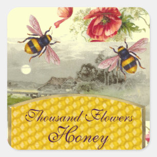 HONEY BEES,RED POPPIES RUSTIC LANDSCAPE BEEKEEPER SQUARE STICKER