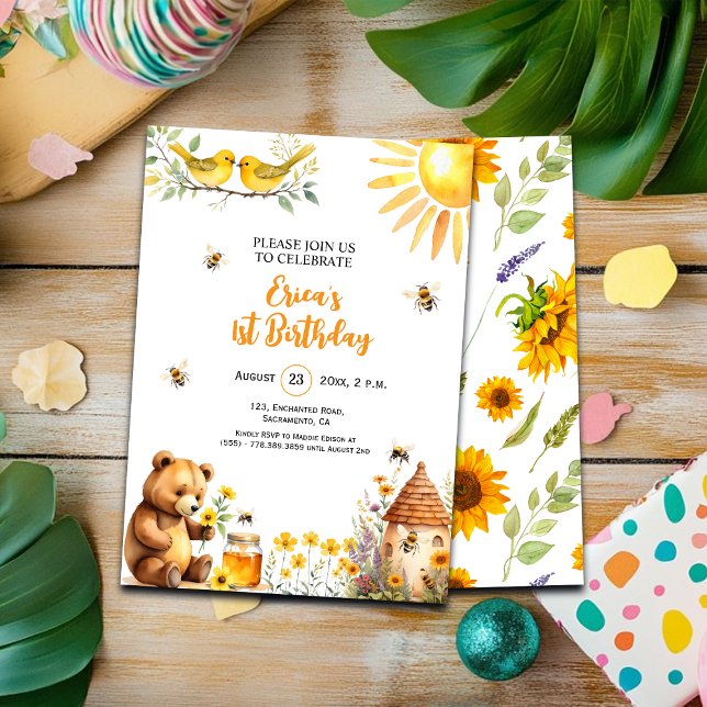 Honey Bees Teddy Bear 1st Birthday Invitation (Creator Uploaded)
