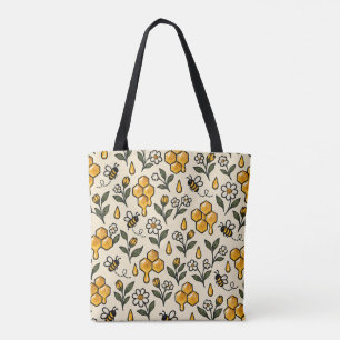 Honey Bees Wildflowers Rustic Cottage Pattern Tote Bag