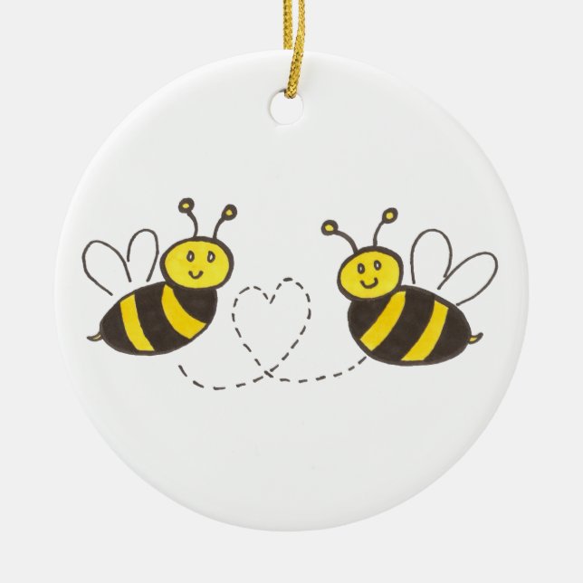 Honey Bees with Heart Ceramic Tree Decoration (Front)