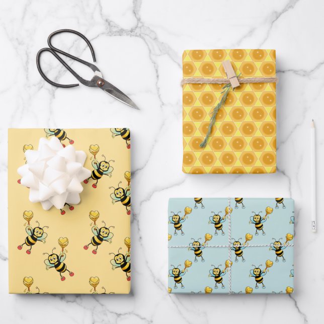 Honey bees with heart & honeycomb pattern wrapping paper sheet (Front)