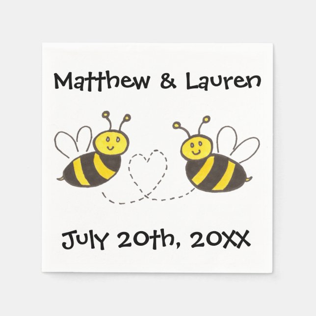 Honey Bees with Heart on White with Name and Date Napkin (Front)