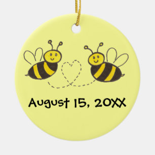 Honey Bees with Heart with Names and Date Ceramic Tree Decoration