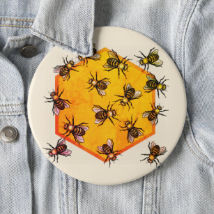Honey bees with orange yellow hexagon drawing art 6 cm round badge