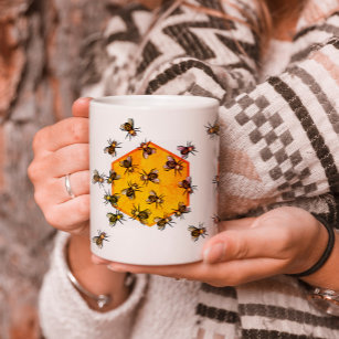 Honey bees with orange yellow hexagon drawing art coffee mug