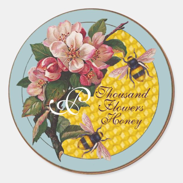 HONEY BEES WITH WILD ROSES  MONOGRAM CLASSIC ROUND STICKER (Front)
