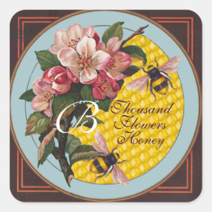 HONEY BEES WITH WILD ROSES  MONOGRAM SQUARE STICKER