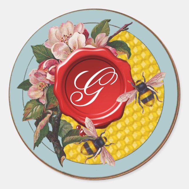 HONEY BEES WITH WILD ROSES RED WAX SEAL MONOGRAM (Front)