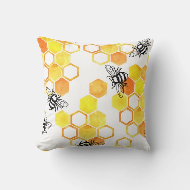 Honey Bees: Yellow Watercolor Pattern Cushion (Front)