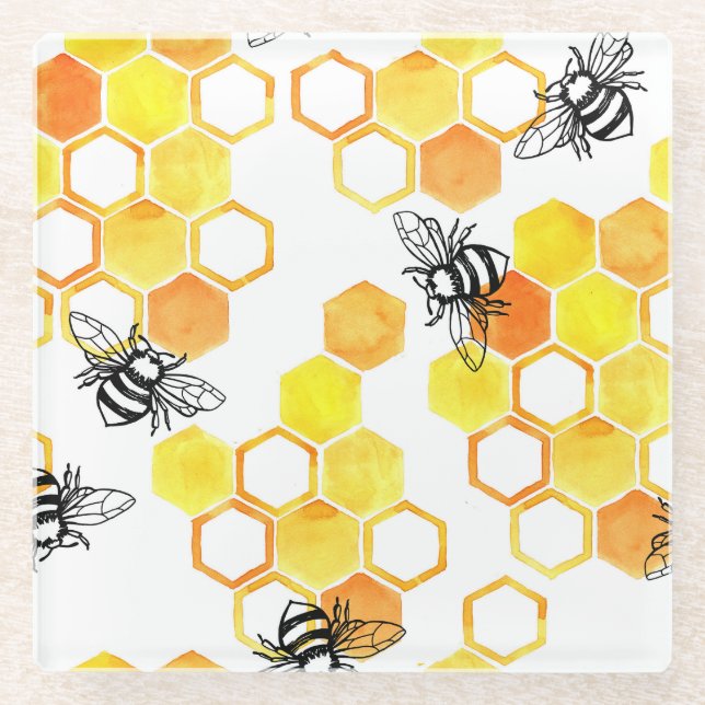 Honey Bees: Yellow Watercolor Pattern Glass Coaster (Front)