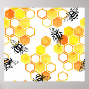 Honey Bees: Yellow Watercolor Pattern Poster