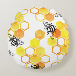 Honey Bees: Yellow Watercolor Pattern Round Cushion