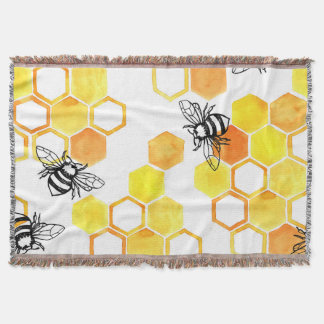 Honey Bees: Yellow Watercolor Pattern Throw Blanket
