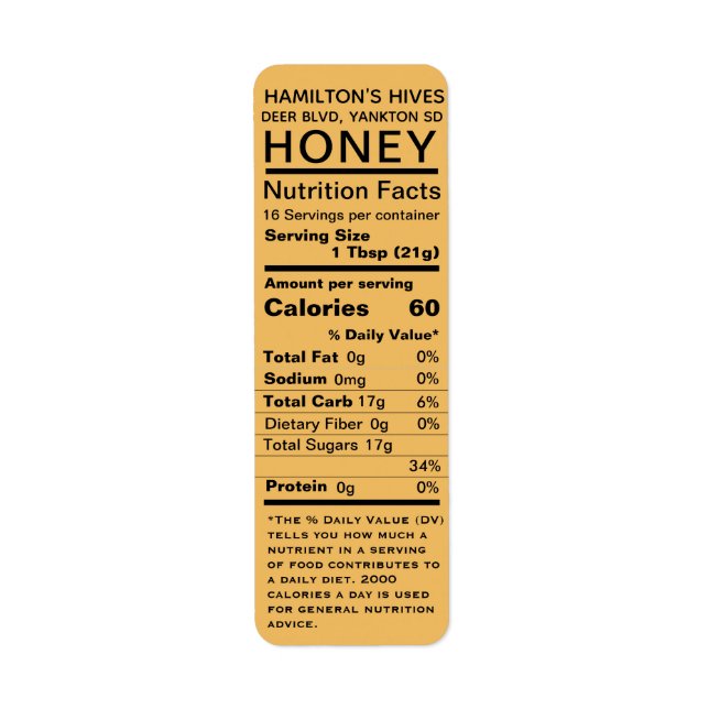 Honey-Coloured Nutrition Facts Return Address Labe (Front)