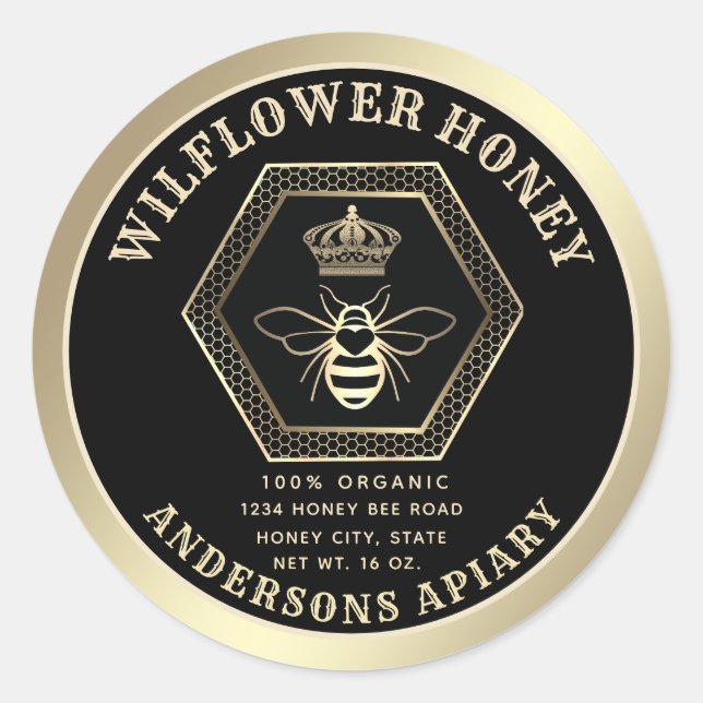 Honey comb elegant gold queen bee honey jar classic round sticker (Front)