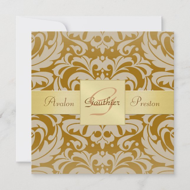Honey Damask Monogram Gold Ribbon Invitation (Front)