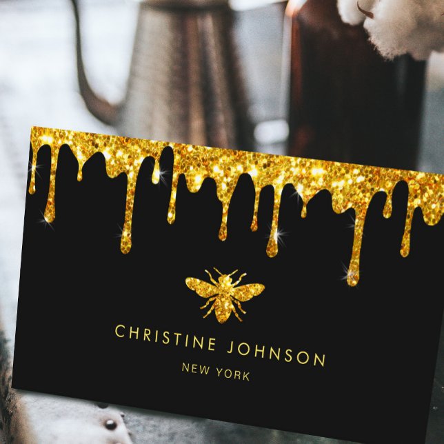 honey drips faux gold glitter bee business card (Creator Uploaded)