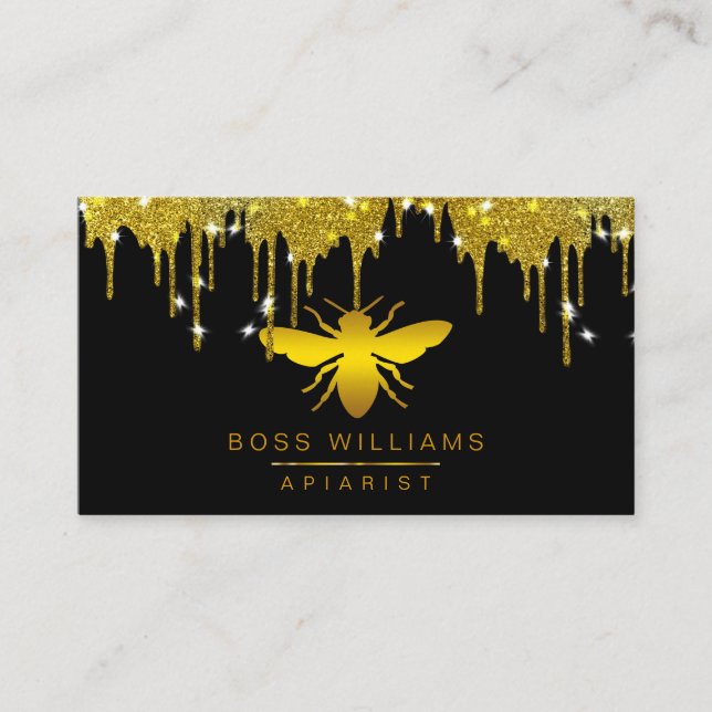 Honey Drips Gold Faux Bee Glitter  Business Card (Front)
