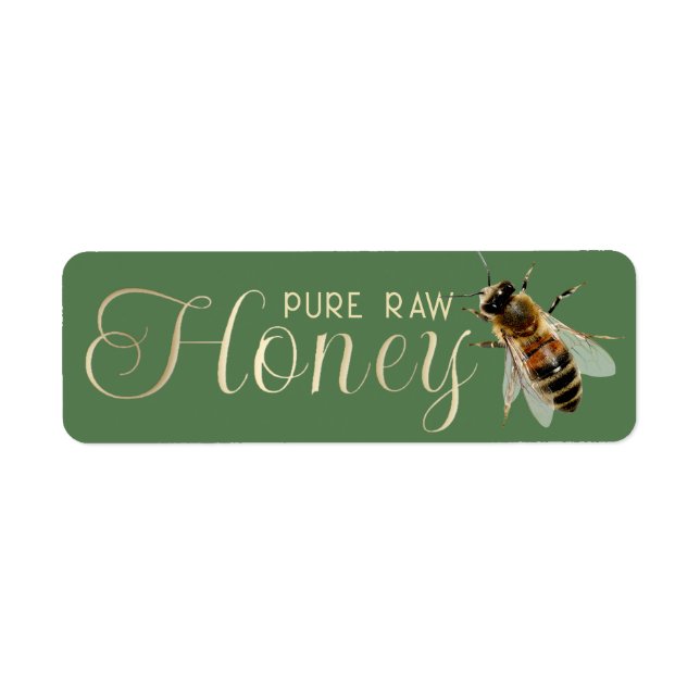 Honey Embossed Gold Text Realistic Bee on Green (Front)