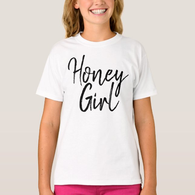 Honey Girl Typography Black & White Girly Kids T-Shirt (Front)