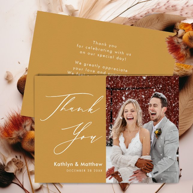 Honey Gold Elegant Script Modern Photo Wedding Thank You Card (Creator Uploaded)