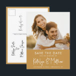 Honey Gold Fun Script Modern Photo Wedding Save Th Announcement Postcard<br><div class="desc">Honey Gold Fun Script Modern Photo Minimalist Wedding Save The Date Announcement Postcard. Let your family, friends and colleagues know that you have set a date for your wedding celebration with this elegant, stylish and modern wedding save the date invitation card. All the texts are pre-arranged for you to personalise...</div>