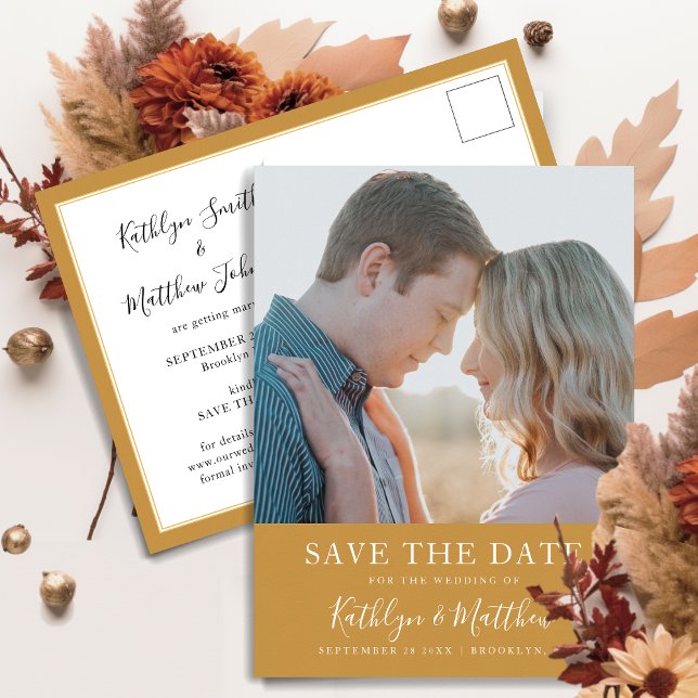 Honey Gold Modern Typography Simple Photo Wedding  Announcement Postcard (Creator Uploaded)