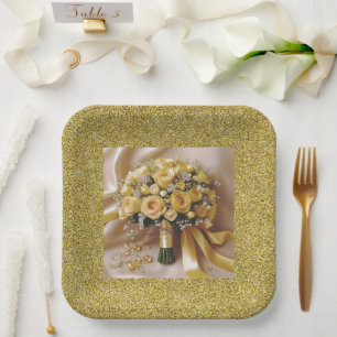 Honey Gold Terrazzo Roses Wedding Paper Plates