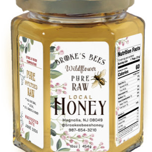 Honey HEX PANEL handpainted bee & flower 16oz JAR Label