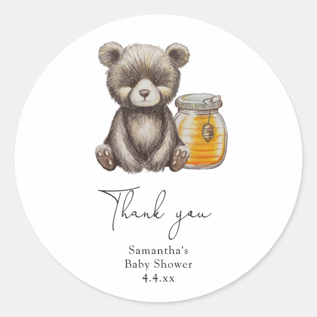 Honey jar and teddy Bear thank you baby shower Classic Round Sticker (Front)