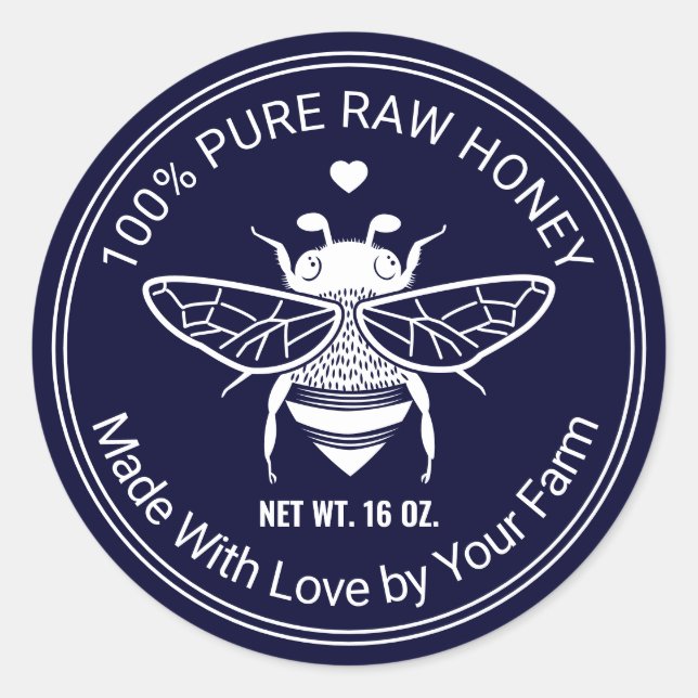 Honey Jar Bee Apiary Beekeeper Farm Navy Blue Classic Round Sticker (Front)