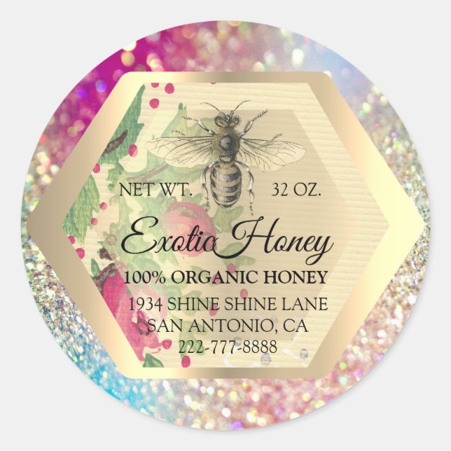 Honey Jar Honeybee Honeycomb Apiary Gold Pink GREE Classic Round Sticker (Front)