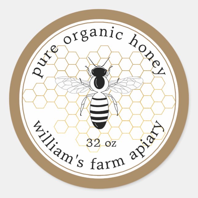 Honey Jar Label Bee Apiary Gold Honeycomb  (Front)
