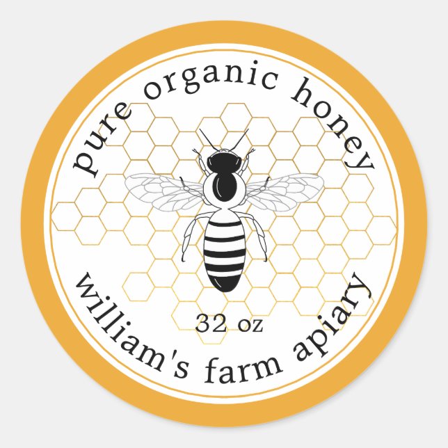 Honey Jar Label Bee Apiary Gold Honeycomb Yellow (Front)