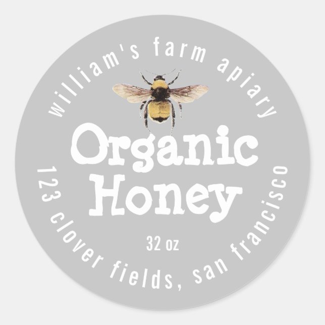 Honey Jar Label Honey Bee Apiary Grey (Front)