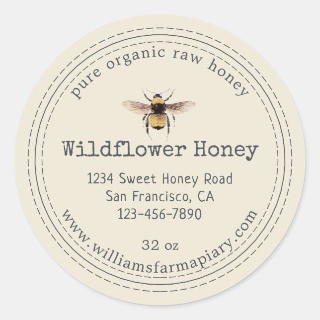 Honey Jar Label Honeybee Apiary Antique White (Front)